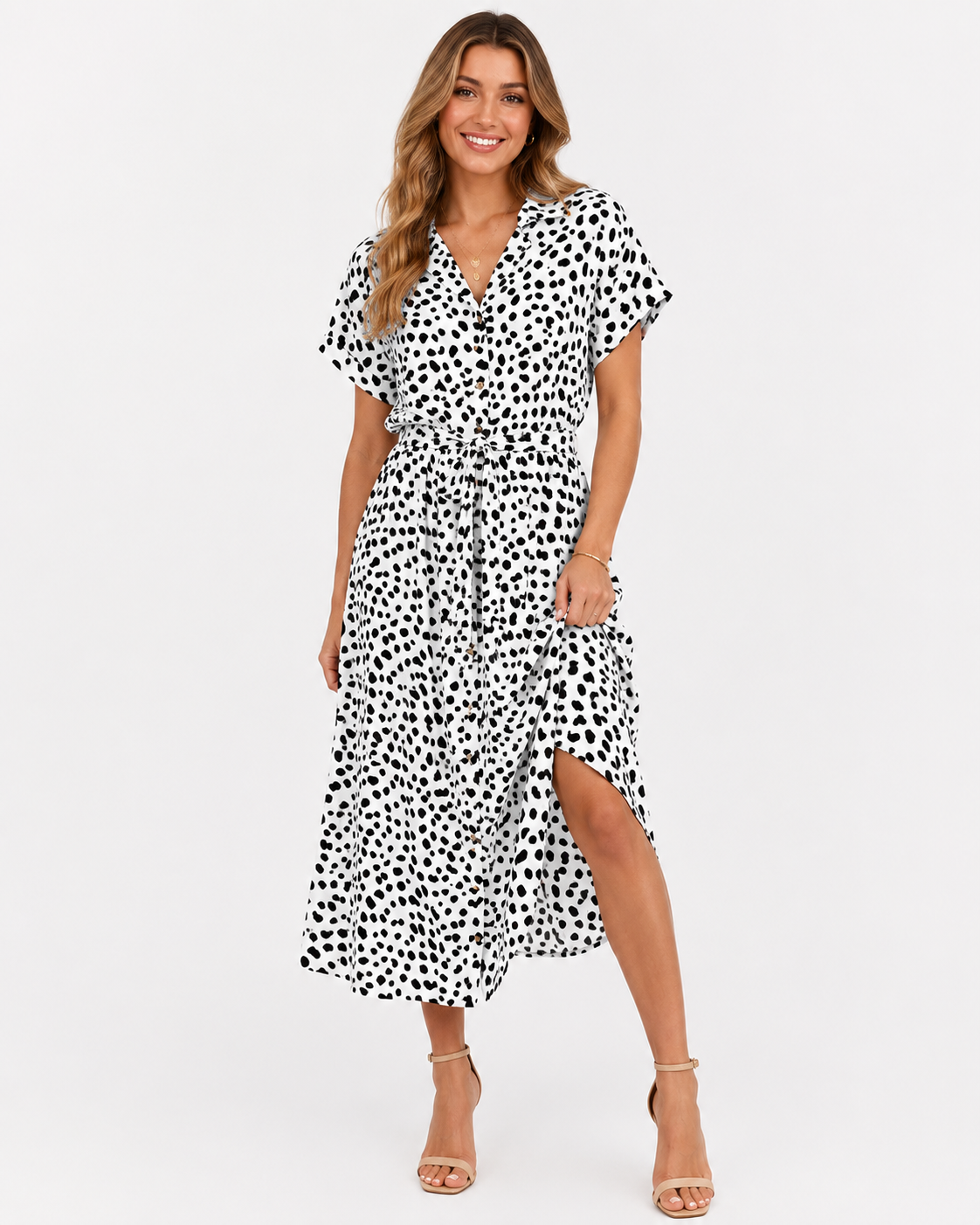 Alora | Robe midi à manches courtes à pois pour femmes - Mode estivale