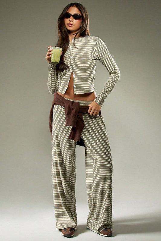 Ensemble Cordons Bouton Stripe Facile en Deux Pièces