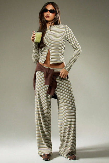 Ensemble Cordons Bouton Stripe Facile en Deux Pièces