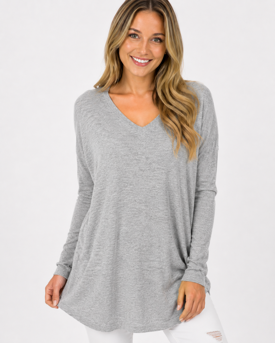 Kenzie | T-shirt décontracté à col en V, couleur unie, manches longues, femme, en polaire fine