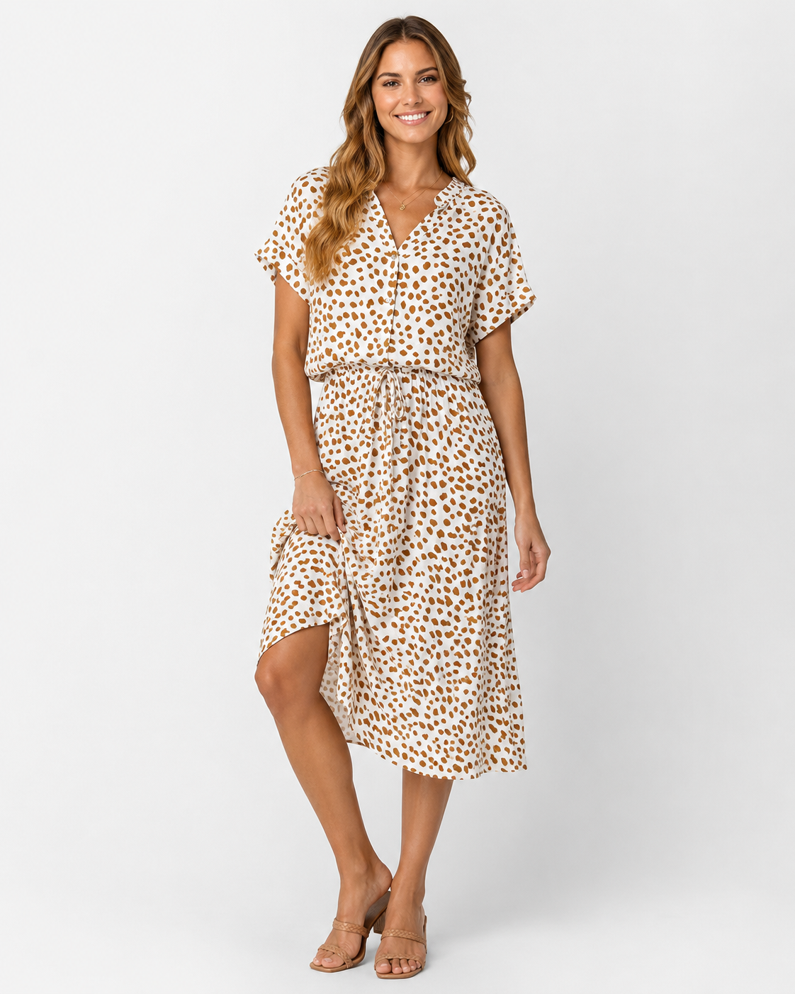 Alora | Robe midi à manches courtes à pois pour femmes - Mode estivale