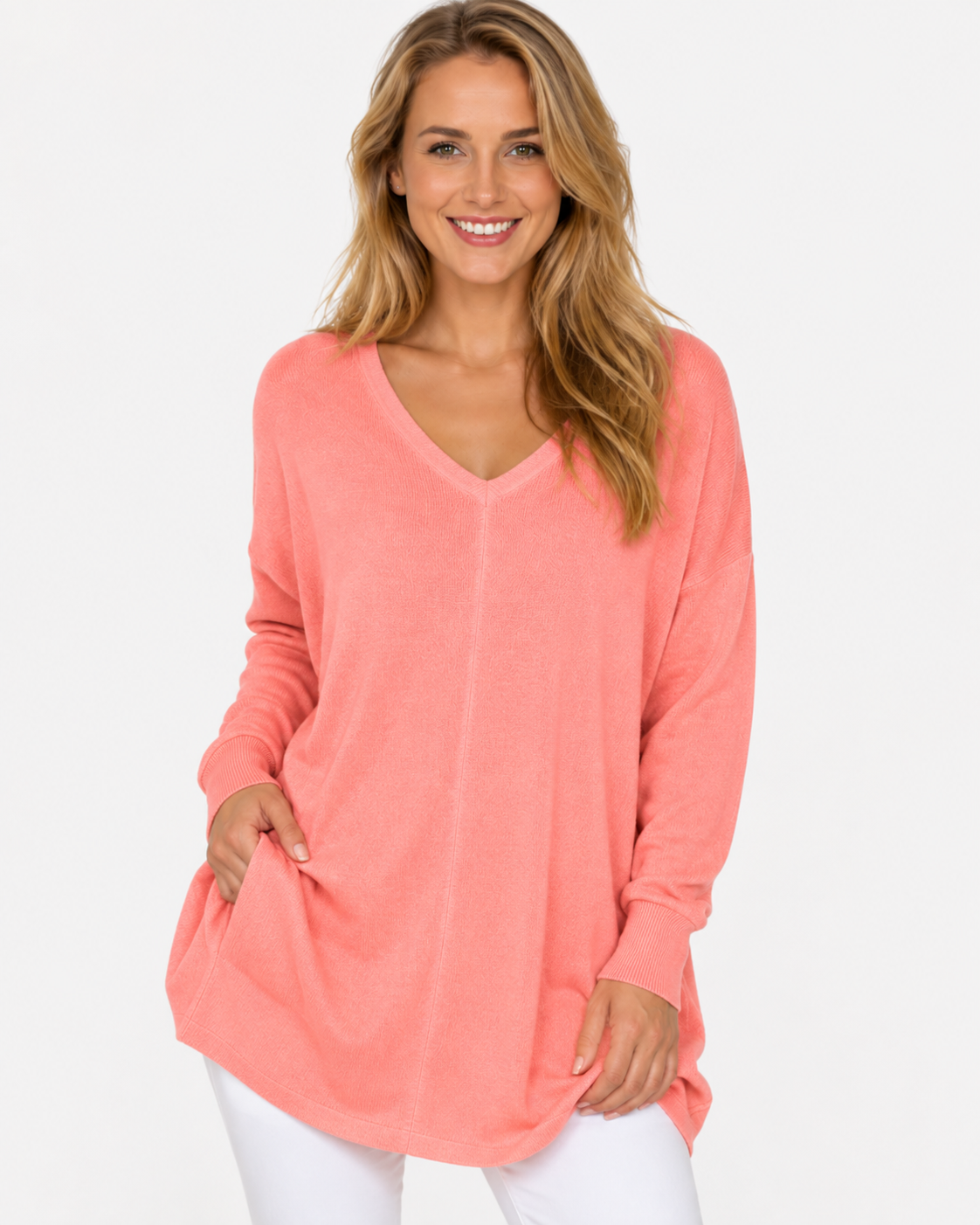 Kenzie | T-shirt décontracté à col en V, couleur unie, manches longues, femme, en polaire fine