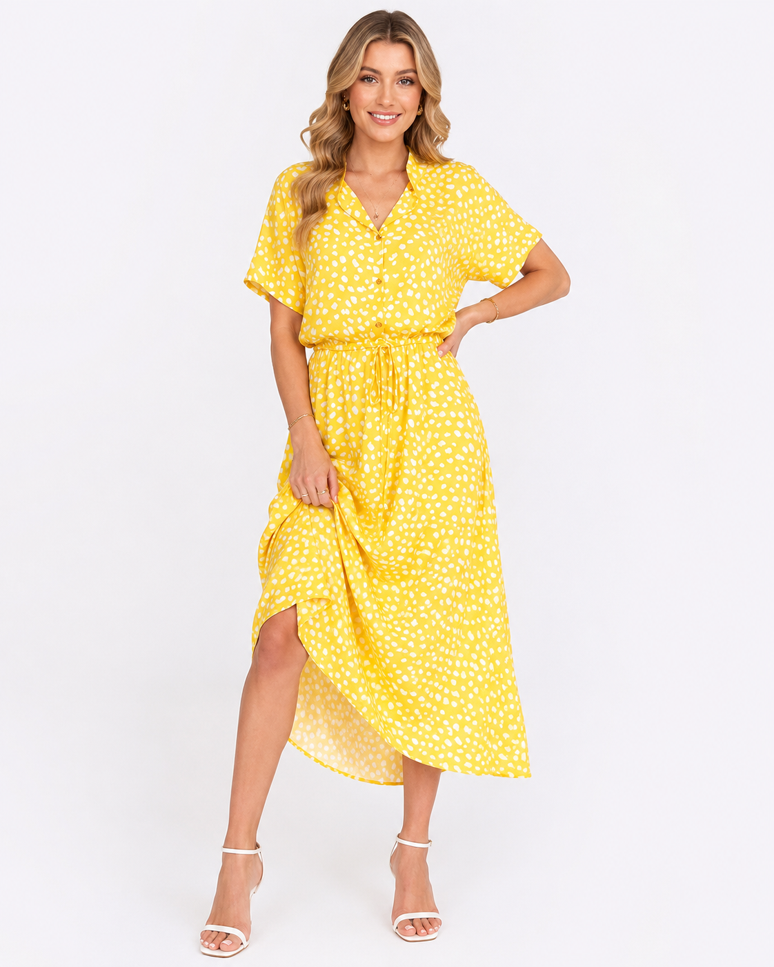 Alora | Robe midi à manches courtes à pois pour femmes - Mode estivale