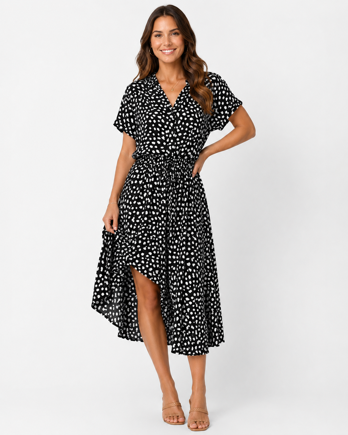 Alora | Robe midi à manches courtes à pois pour femmes - Mode estivale