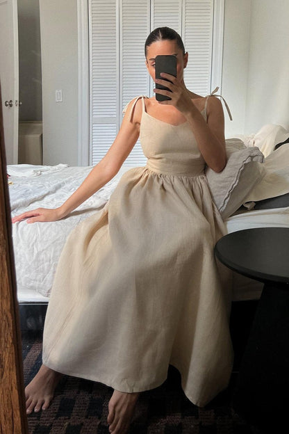 Robe Midi Élégante en Coton à Décolleté en V et Bretelles Spaghetti, Dos Nu
