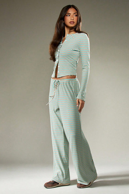 Ensemble Cordons Bouton Stripe Facile en Deux Pièces