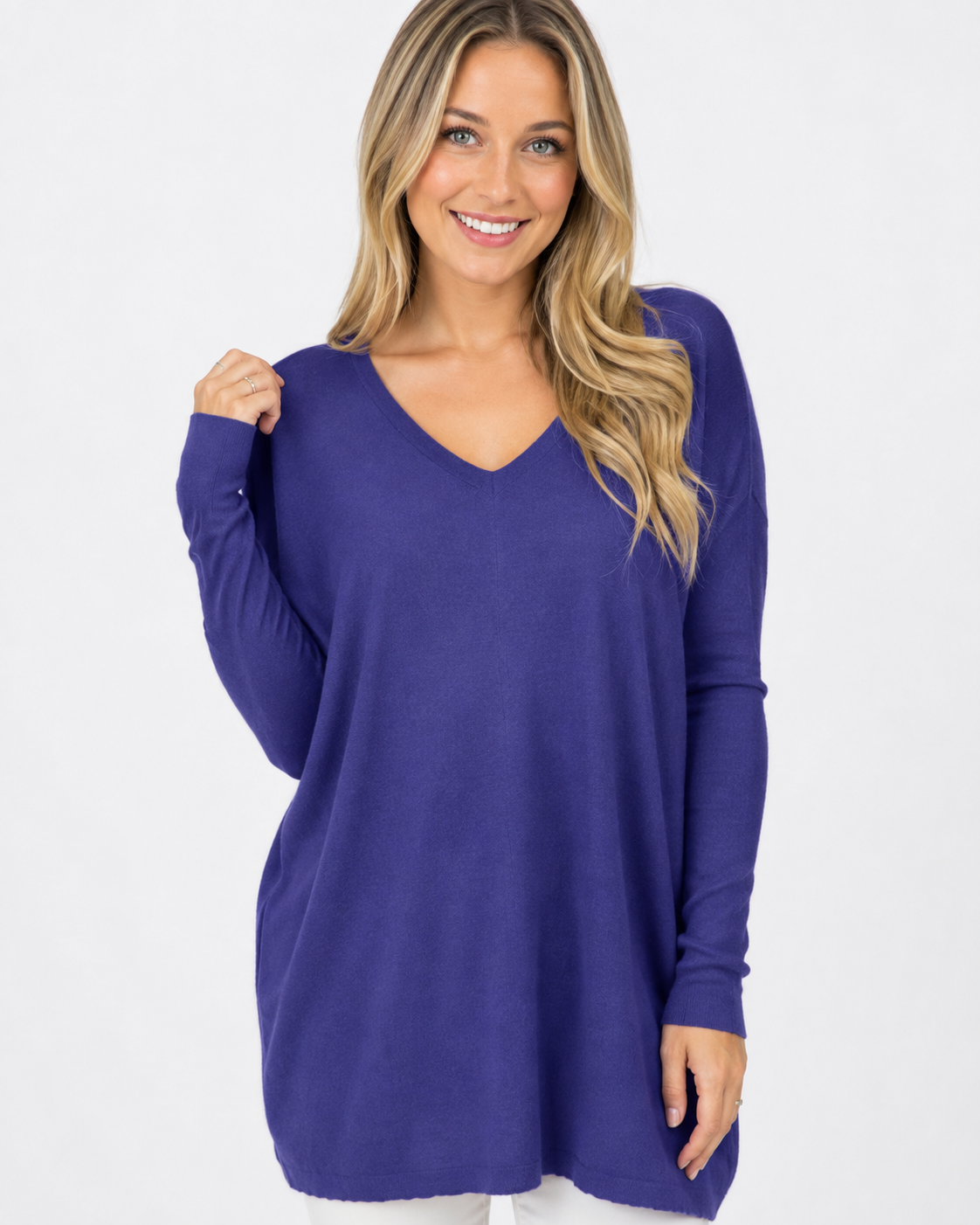 Kenzie | T-shirt décontracté à col en V, couleur unie, manches longues, femme, en polaire fine