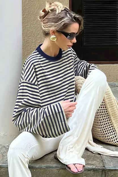 T-shirt loose à manches longues en bloc de couleur rayé