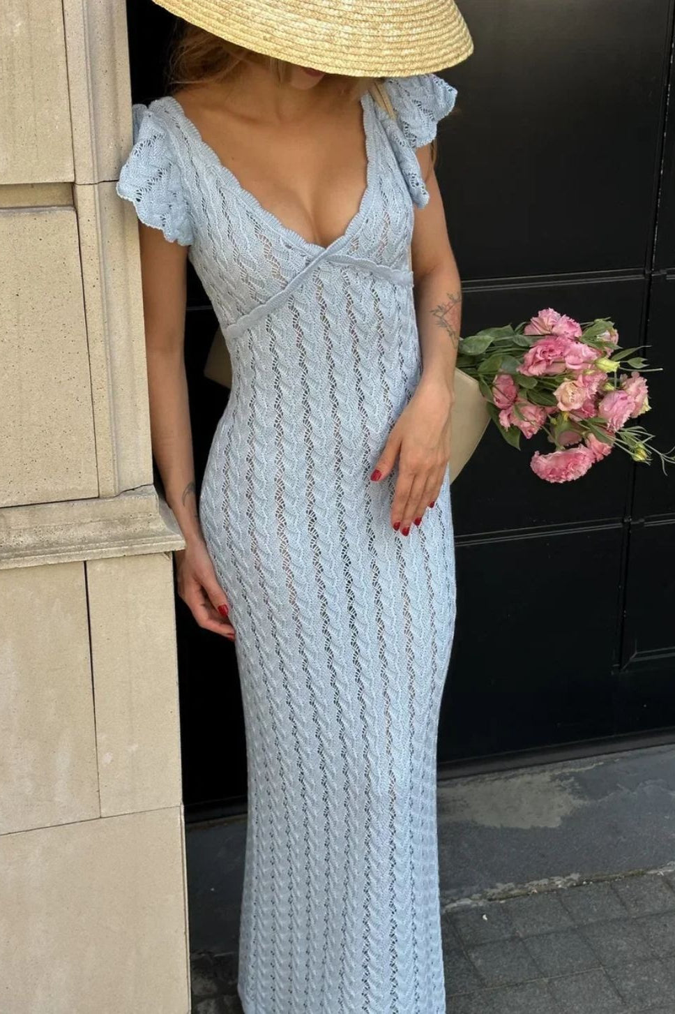 Robe Maxi Pastoral Tricot à Volants et Col V