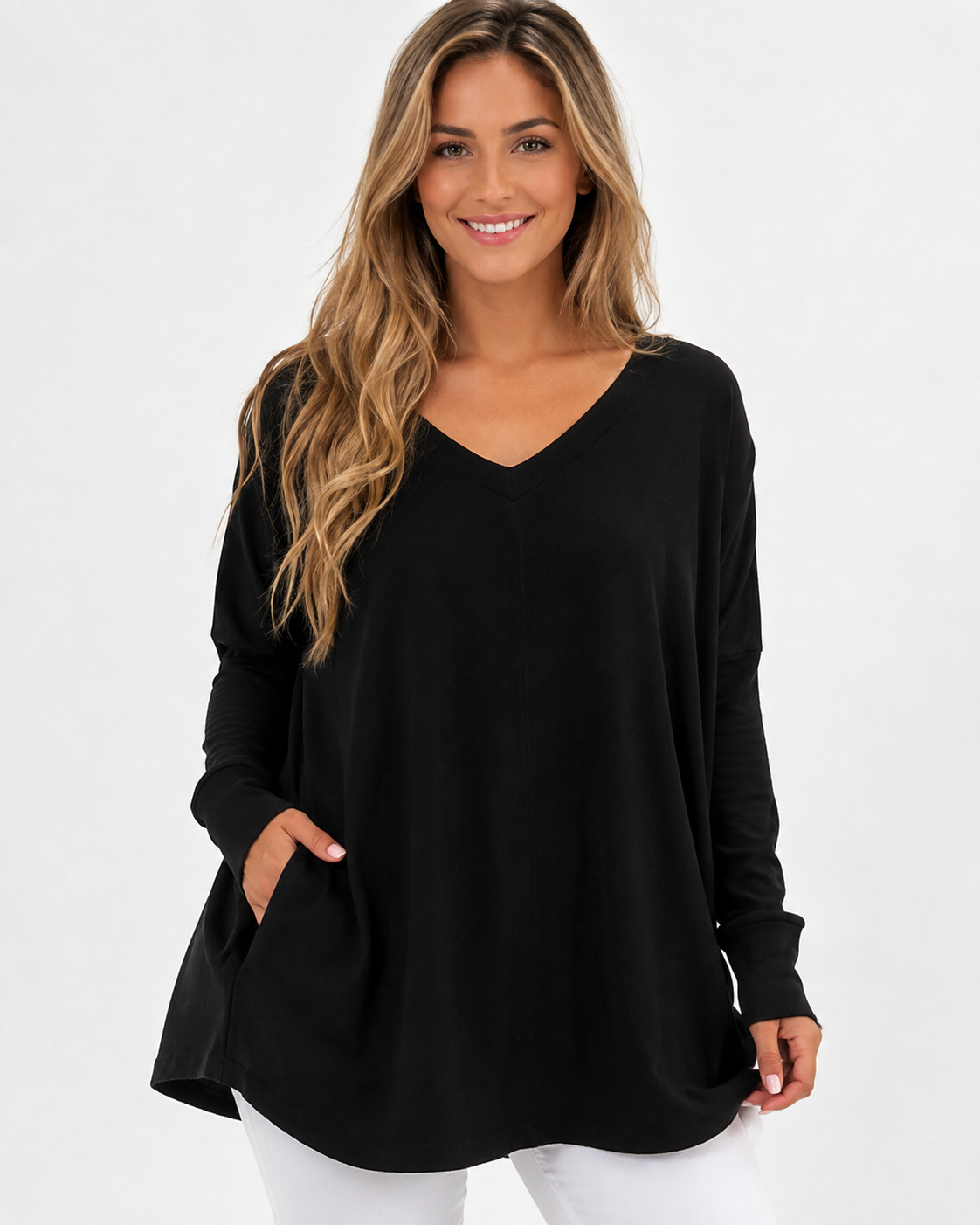 Kenzie | T-shirt décontracté à col en V, couleur unie, manches longues, femme, en polaire fine
