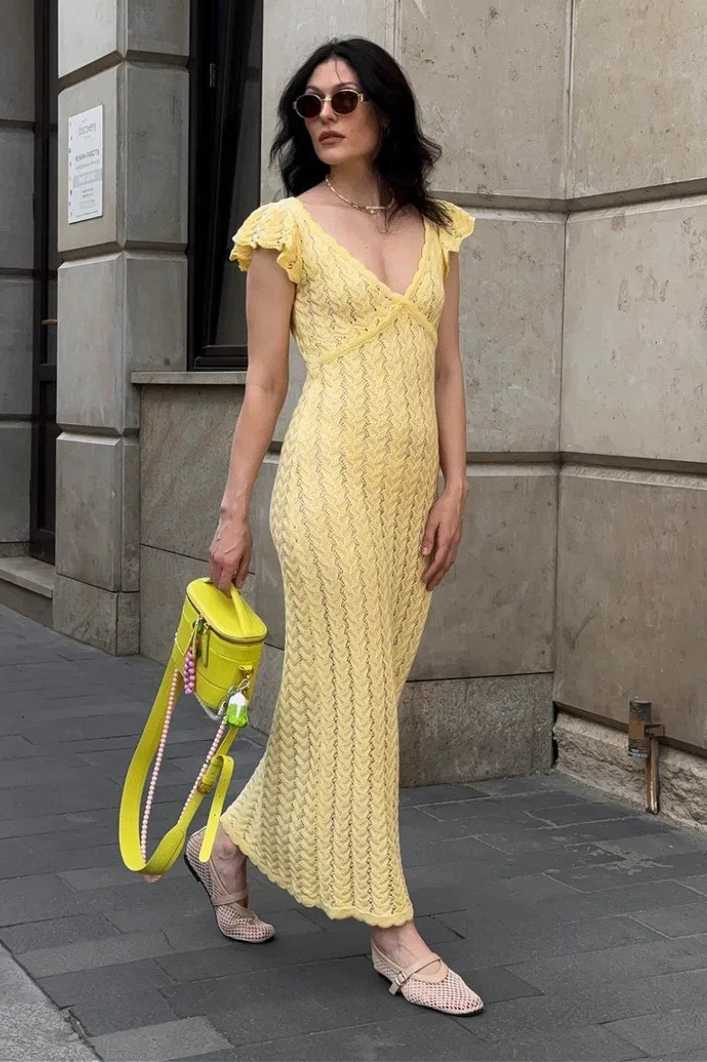 Robe Maxi Pastoral Tricot à Volants et Col V