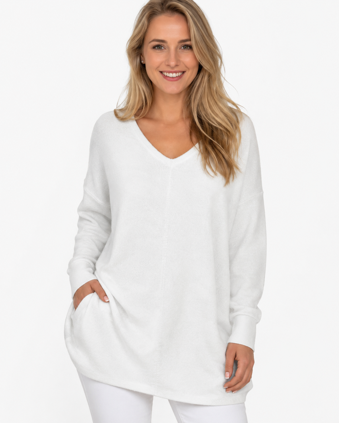 Kenzie | T-shirt décontracté à col en V, couleur unie, manches longues, femme, en polaire fine