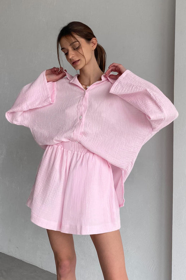 Ensemble en Coton avec Chemise à Manches Longues et Pantalon à Jambes Amples