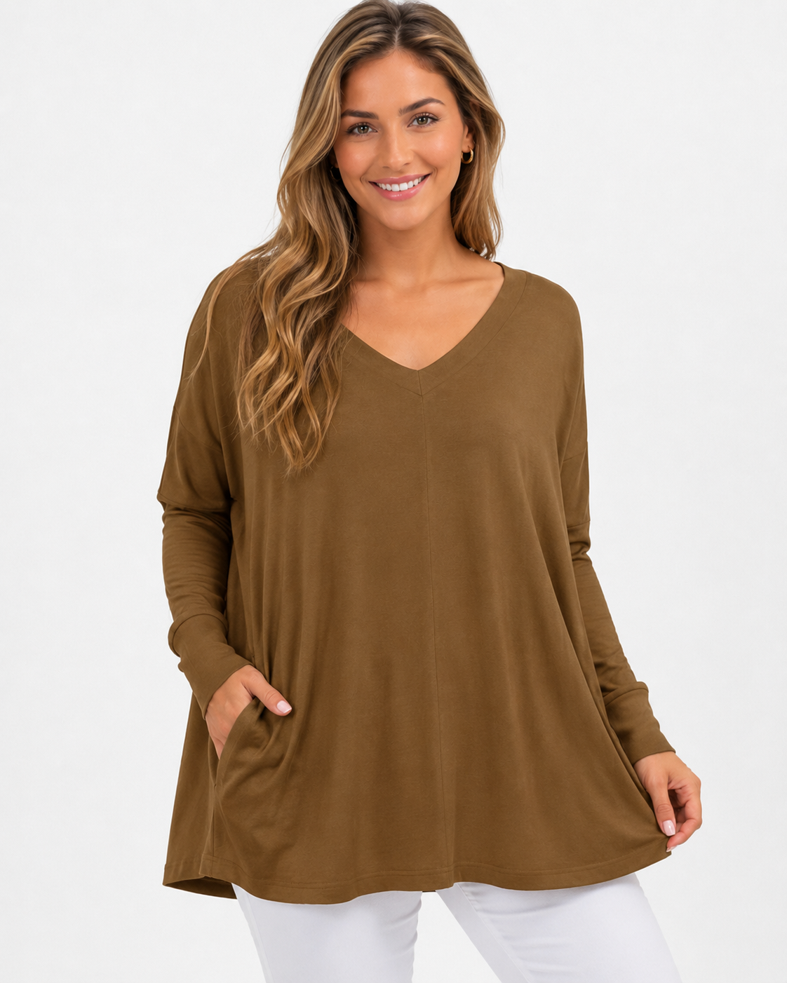 Kenzie | T-shirt décontracté à col en V, couleur unie, manches longues, femme, en polaire fine