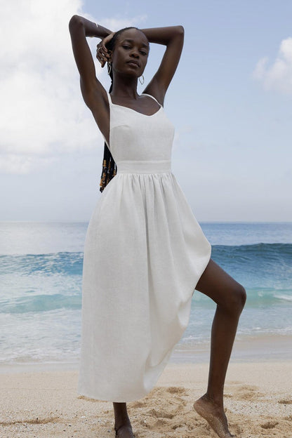 Robe Midi Élégante en Coton à Décolleté en V et Bretelles Spaghetti, Dos Nu