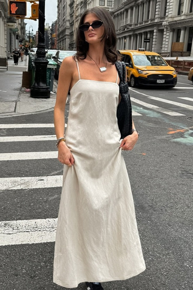 Robe Maxi Bureau Décontractée en Lin et Coton Kaki