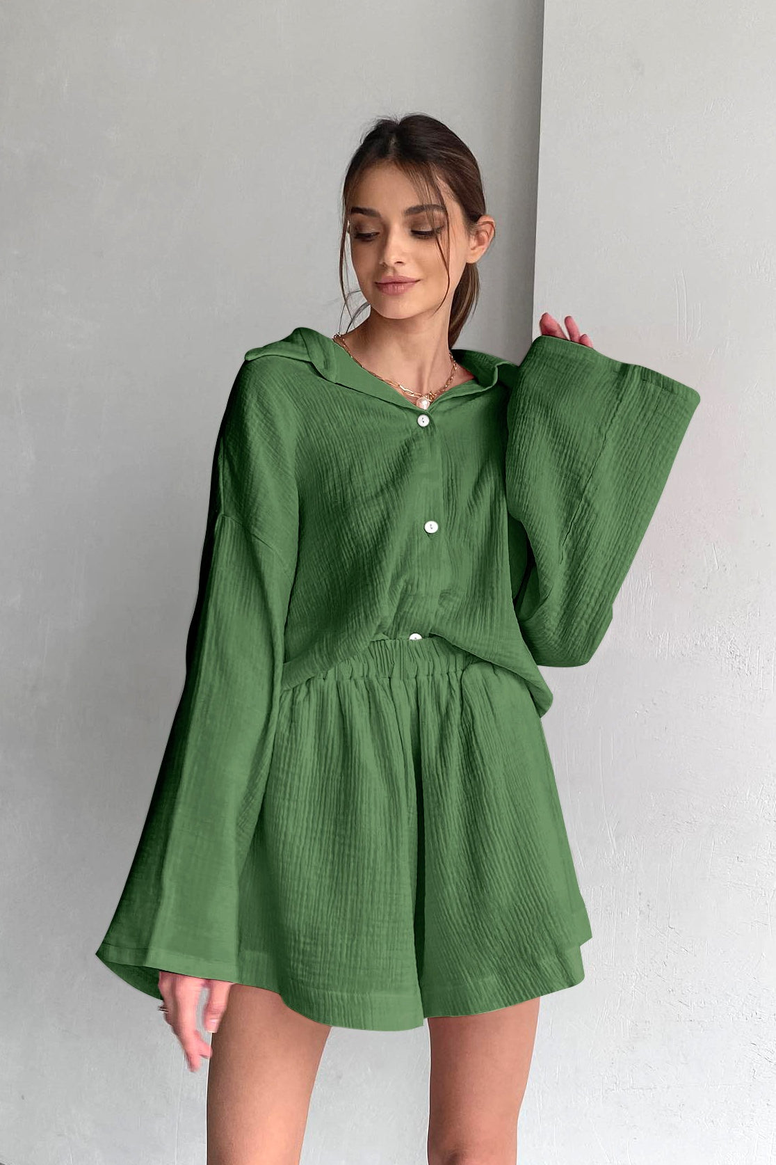 Ensemble en Coton avec Chemise à Manches Longues et Pantalon à Jambes Amples