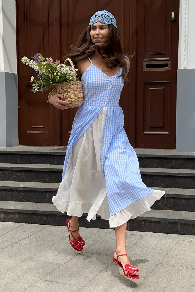 Robe Midi à Bretelles Spaghetti à Carreaux, Effet Deux-Pièces, Boutonnée