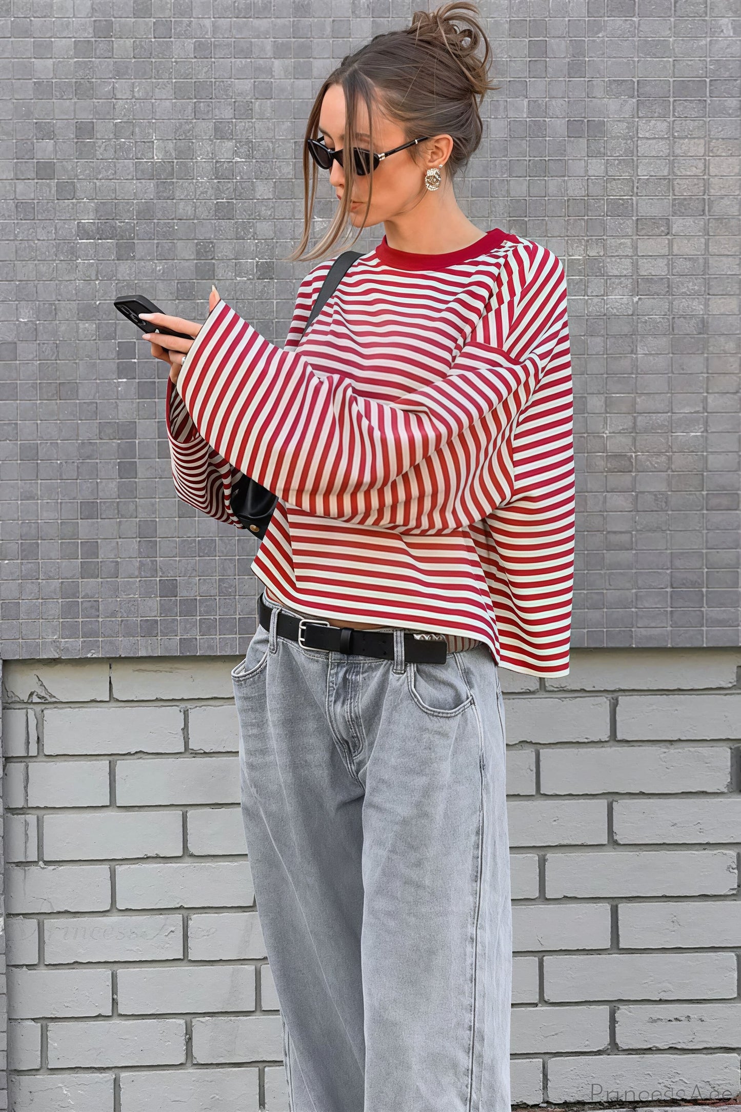T-shirt loose à manches longues en bloc de couleur rayé