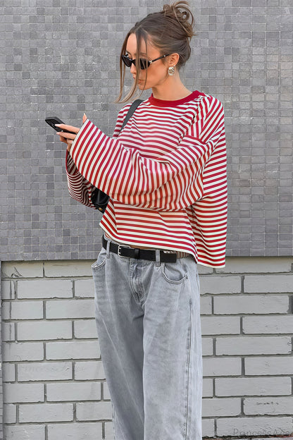 T-shirt loose à manches longues en bloc de couleur rayé