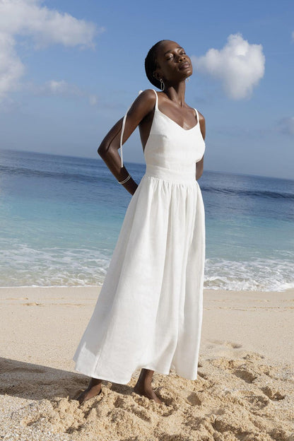 Robe Midi Élégante en Coton à Décolleté en V et Bretelles Spaghetti, Dos Nu