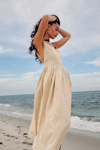 Robe Midi Élégante en Coton à Décolleté en V et Bretelles Spaghetti, Dos Nu