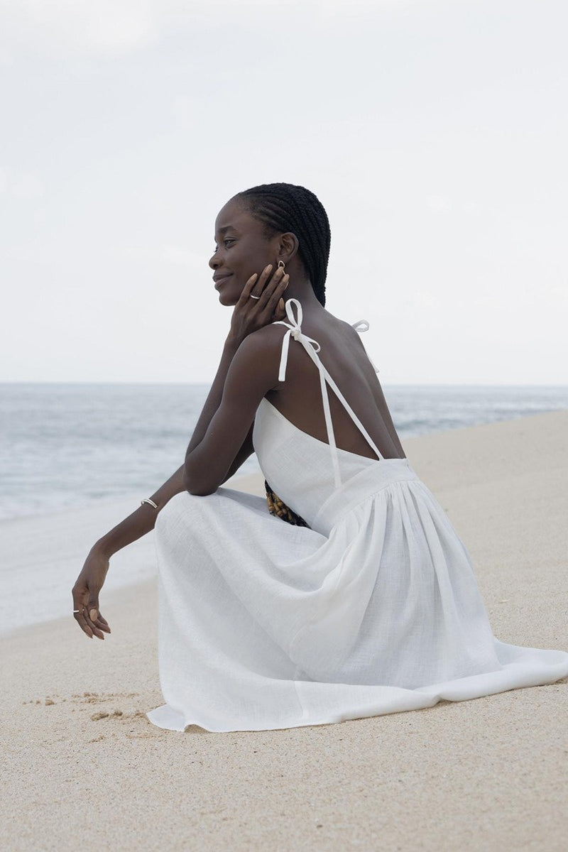 Robe Midi Élégante en Coton à Décolleté en V et Bretelles Spaghetti, Dos Nu