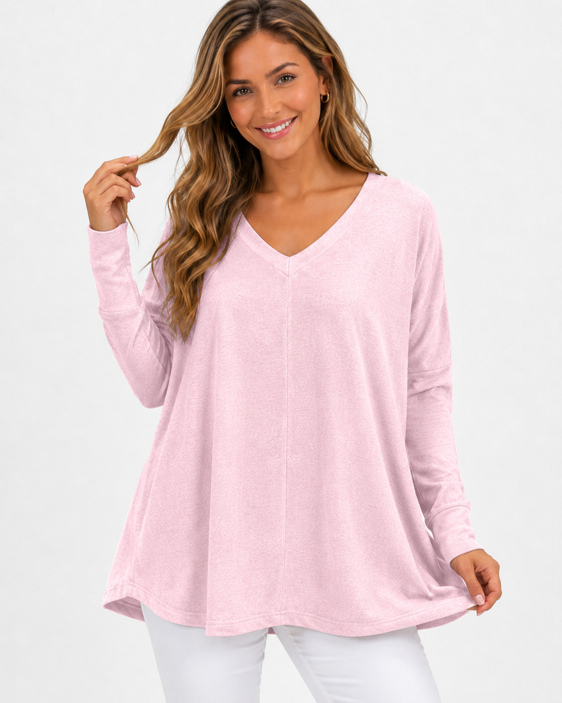 Kenzie | T-shirt décontracté à col en V, couleur unie, manches longues, femme, en polaire fine