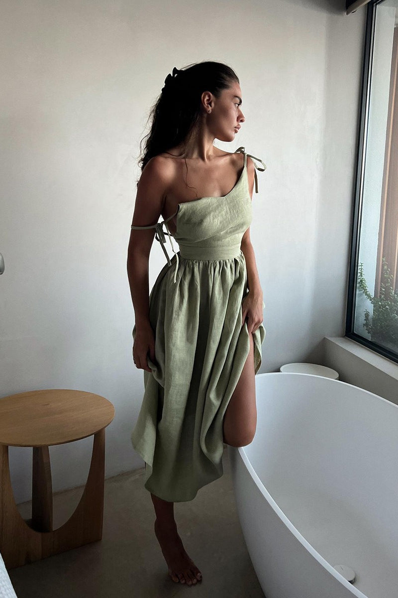 Robe Midi Élégante en Coton à Décolleté en V et Bretelles Spaghetti, Dos Nu