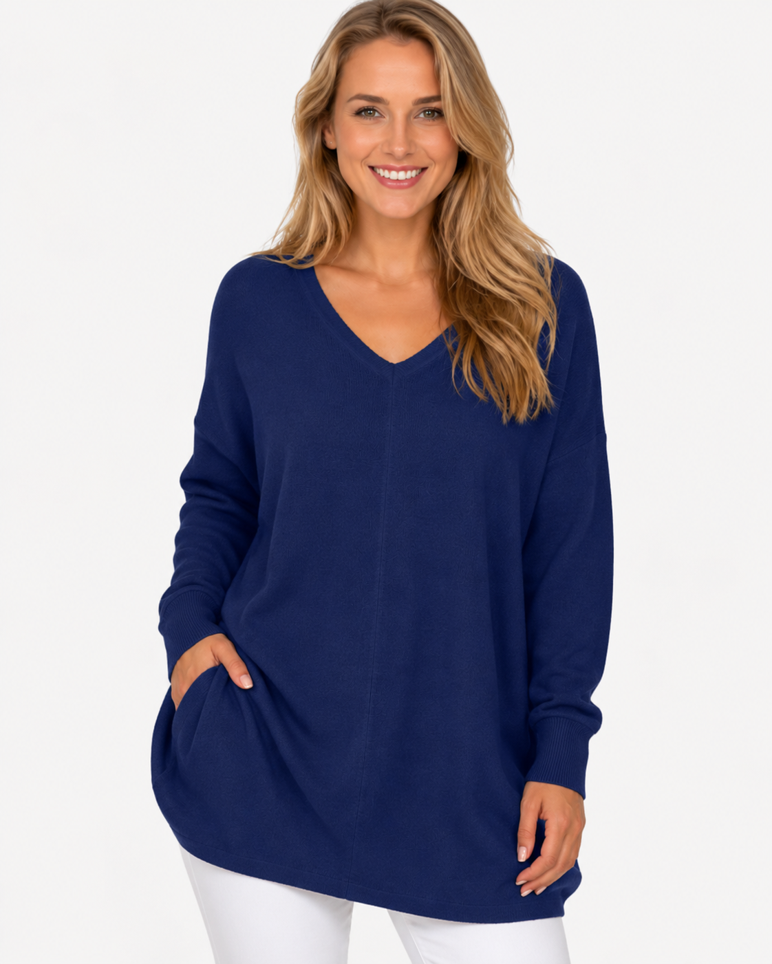 Kenzie | T-shirt décontracté à col en V, couleur unie, manches longues, femme, en polaire fine