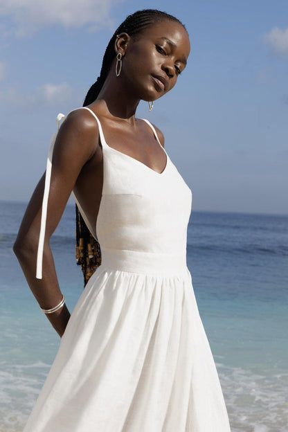 Robe Midi Élégante en Coton à Décolleté en V et Bretelles Spaghetti, Dos Nu