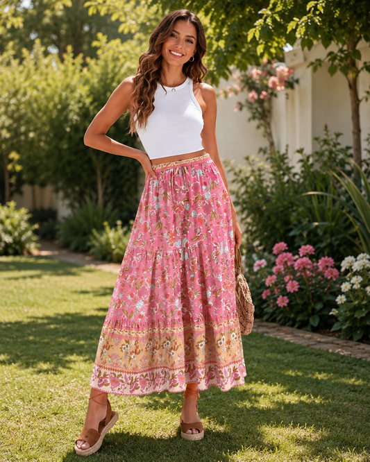 Rin | Jupe Maxi Boho Florale Rose