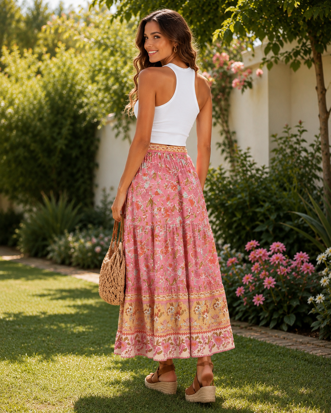 Rin | Jupe Maxi Boho Florale Rose