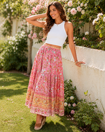 Rin | Jupe Maxi Boho Florale Rose