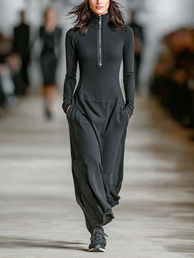 Odette | Robe maxi décontractée à col roulé noir avec zip