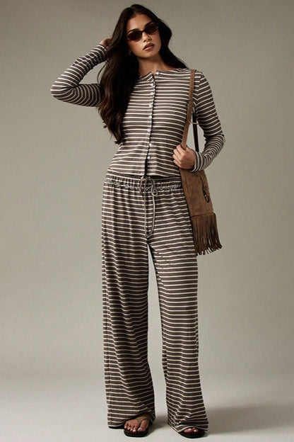 Ensemble Cordons Bouton Stripe Facile en Deux Pièces