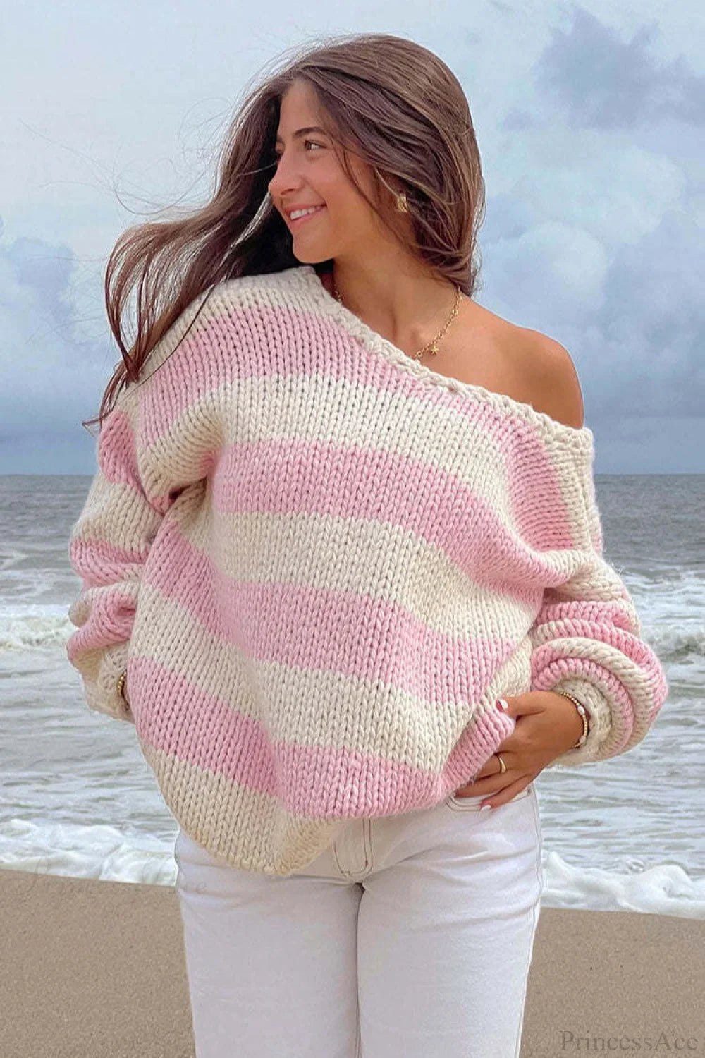 Pull doux rayé décontracté à épaules dénudées