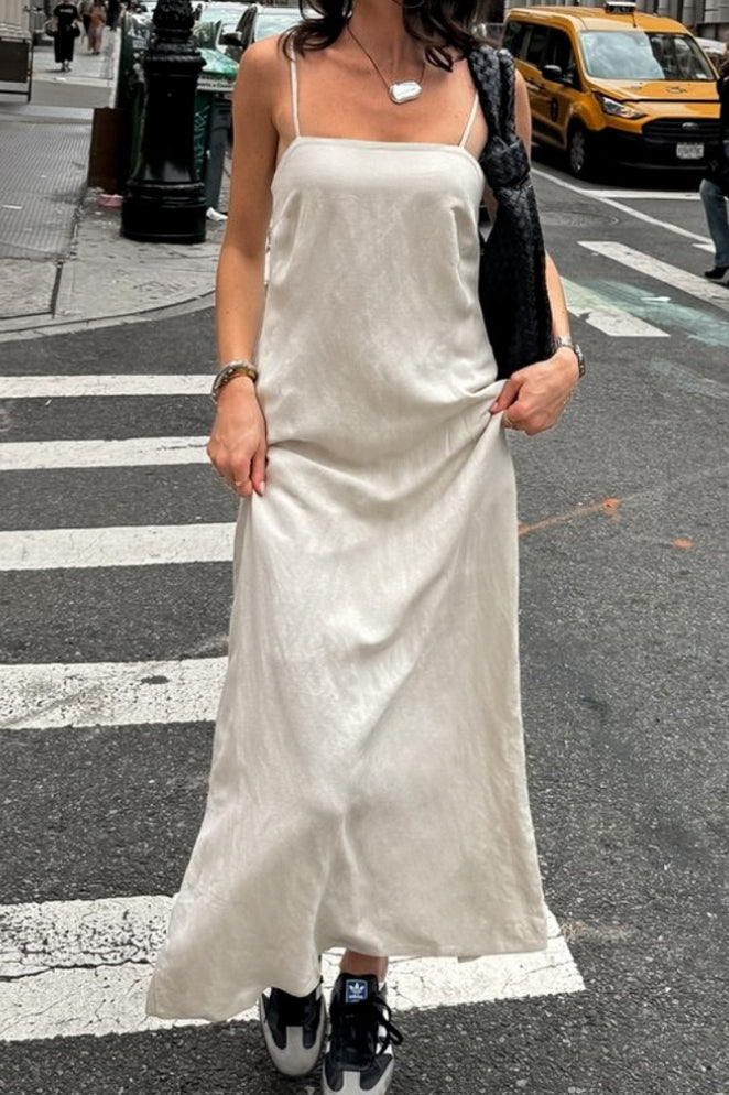 Robe Maxi Bureau Décontractée en Lin et Coton Kaki