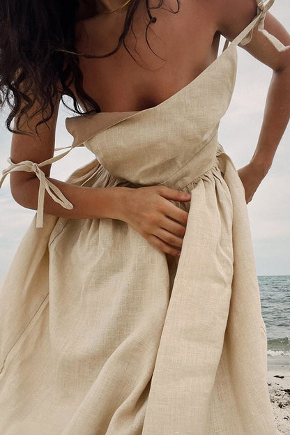 Robe Midi Élégante en Coton à Décolleté en V et Bretelles Spaghetti, Dos Nu