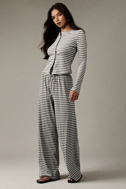 Ensemble Cordons Bouton Stripe Facile en Deux Pièces