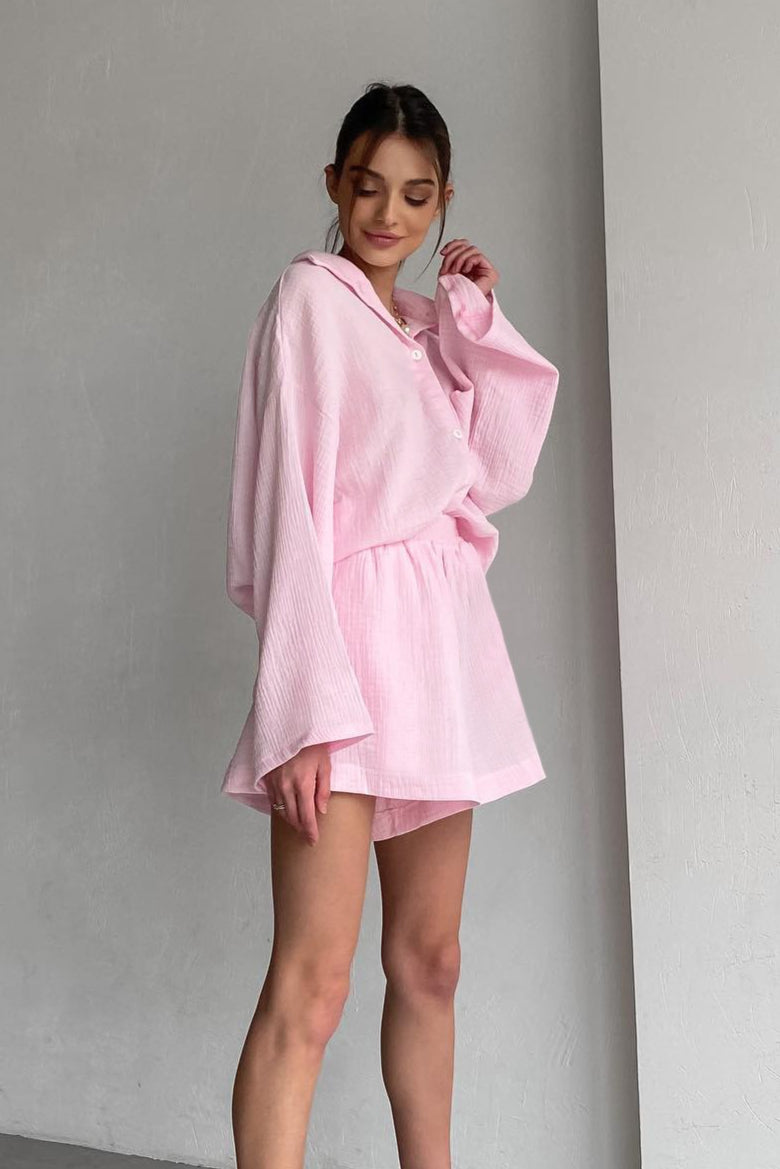Ensemble en Coton avec Chemise à Manches Longues et Pantalon à Jambes Amples