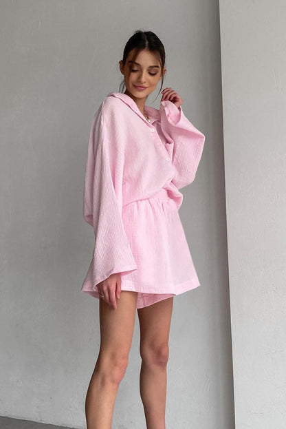Ensemble en Coton avec Chemise à Manches Longues et Pantalon à Jambes Amples