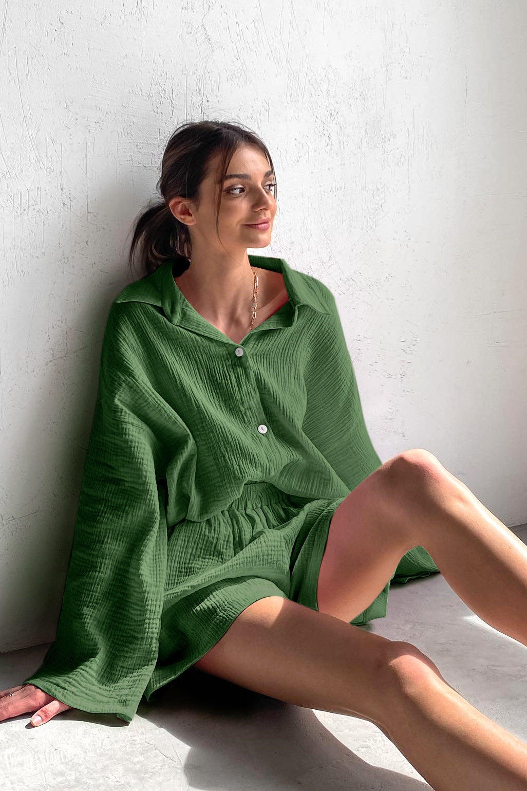 Ensemble en Coton avec Chemise à Manches Longues et Pantalon à Jambes Amples