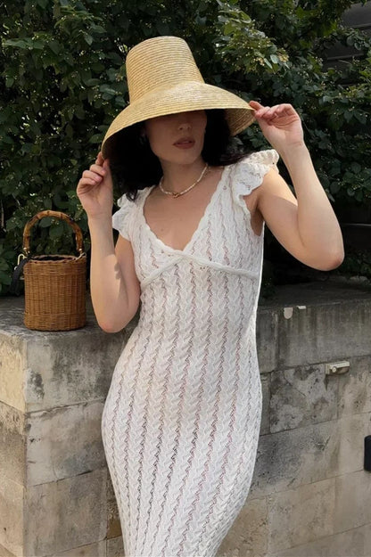 Robe Maxi Pastoral Tricot à Volants et Col V