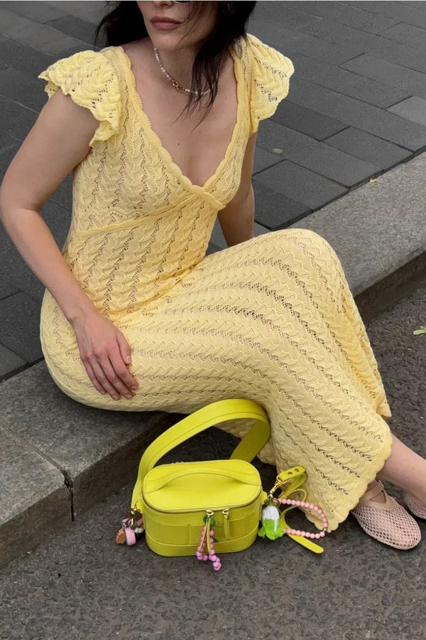 Robe Maxi Pastoral Tricot à Volants et Col V