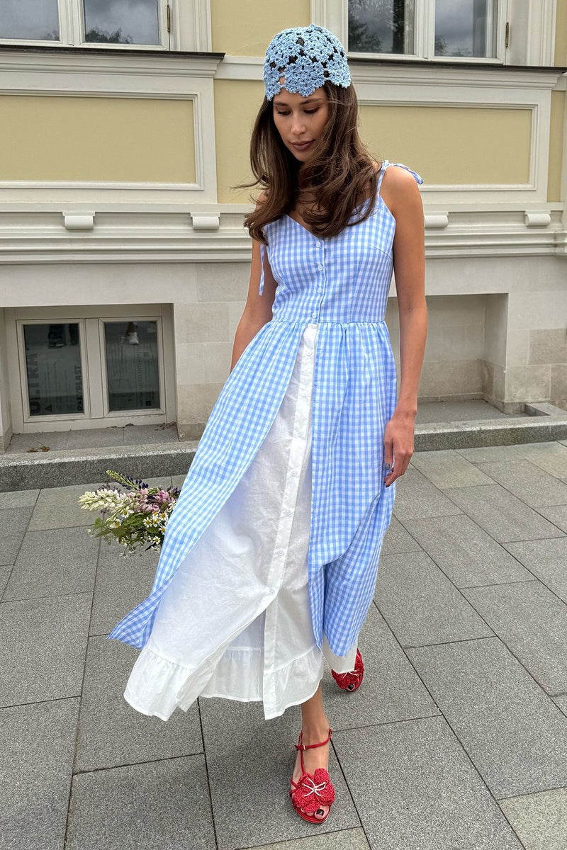 Robe Midi à Bretelles Spaghetti à Carreaux, Effet Deux-Pièces, Boutonnée