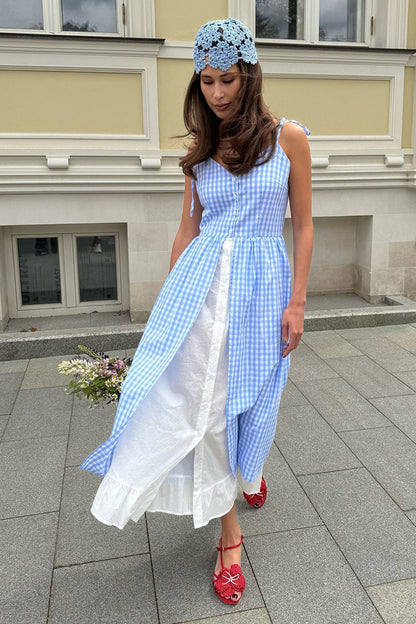 Robe Midi à Bretelles Spaghetti à Carreaux, Effet Deux-Pièces, Boutonnée
