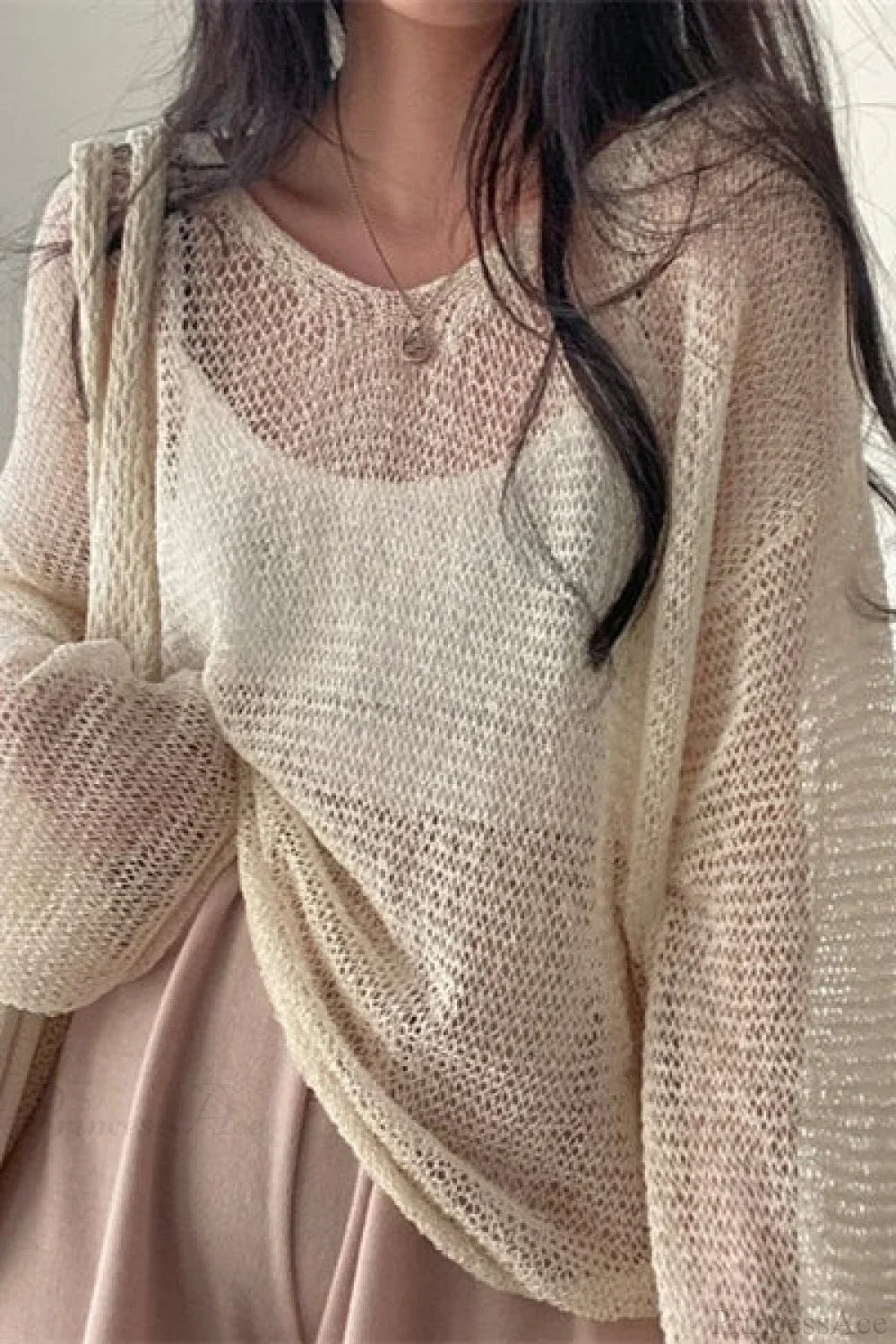 Blouse Chic à Manches Longues Lâche en Tricot avec Ouvrages