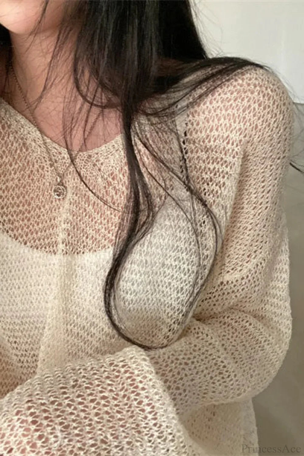 Blouse Chic à Manches Longues Lâche en Tricot avec Ouvrages