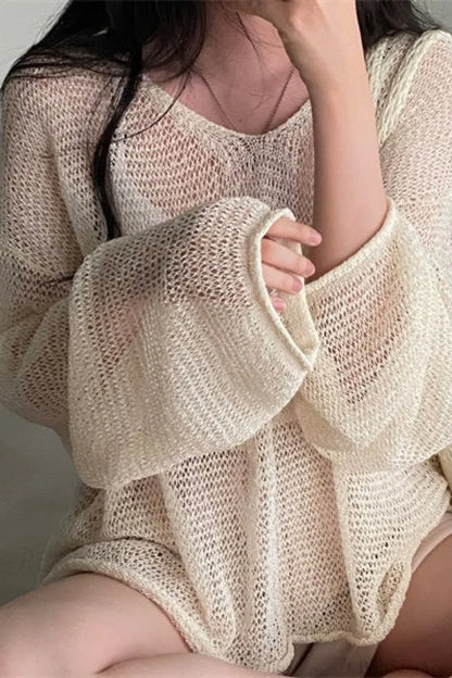 Blouse Chic à Manches Longues Lâche en Tricot avec Ouvrages
